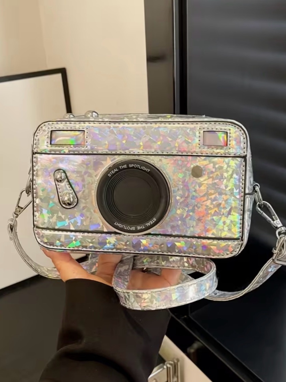 Holographic Silver Camera-Shaped Crossbody Bag with Strap